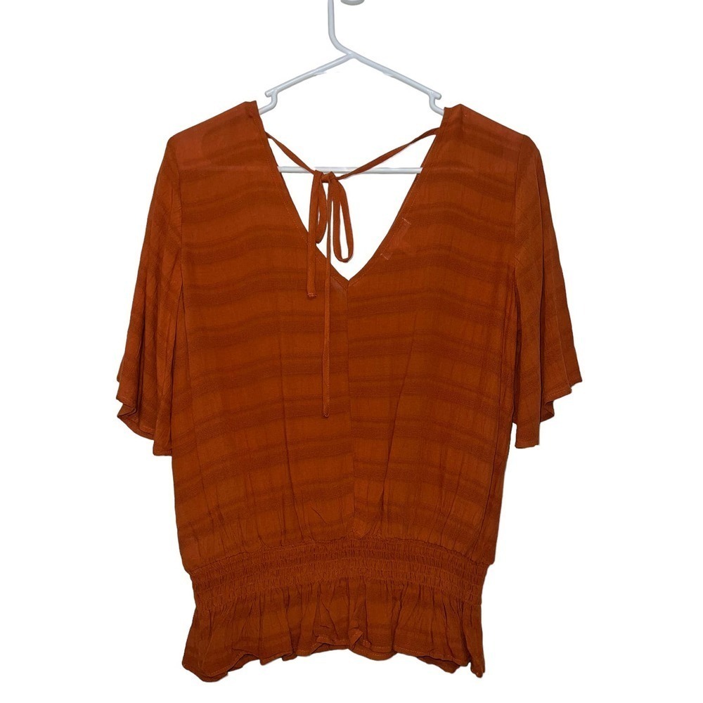 Maurices Smock Ruffle Trim Button Front V-Neck Blouse Rust Orange Size Small - Picture 4 of 4